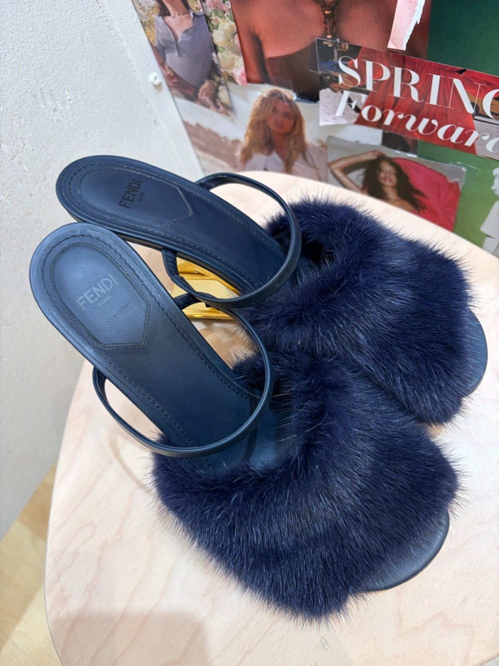 Fendi Navy Mink Fur Slingback Mules with Gold Sculpted Heel - Picture 4 of 6